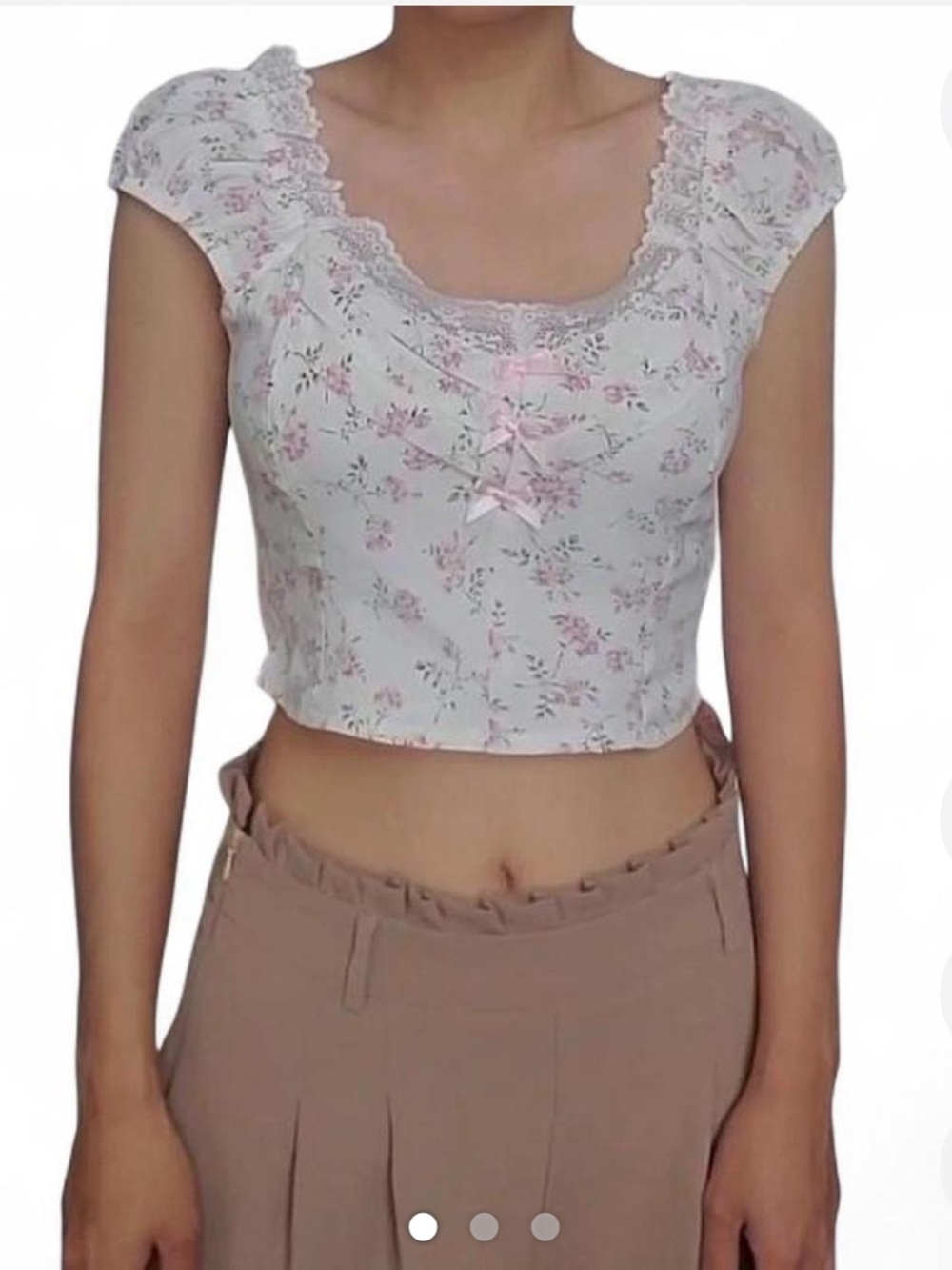 SHEIN White Crop Top with Pink Floral & Lace Trim